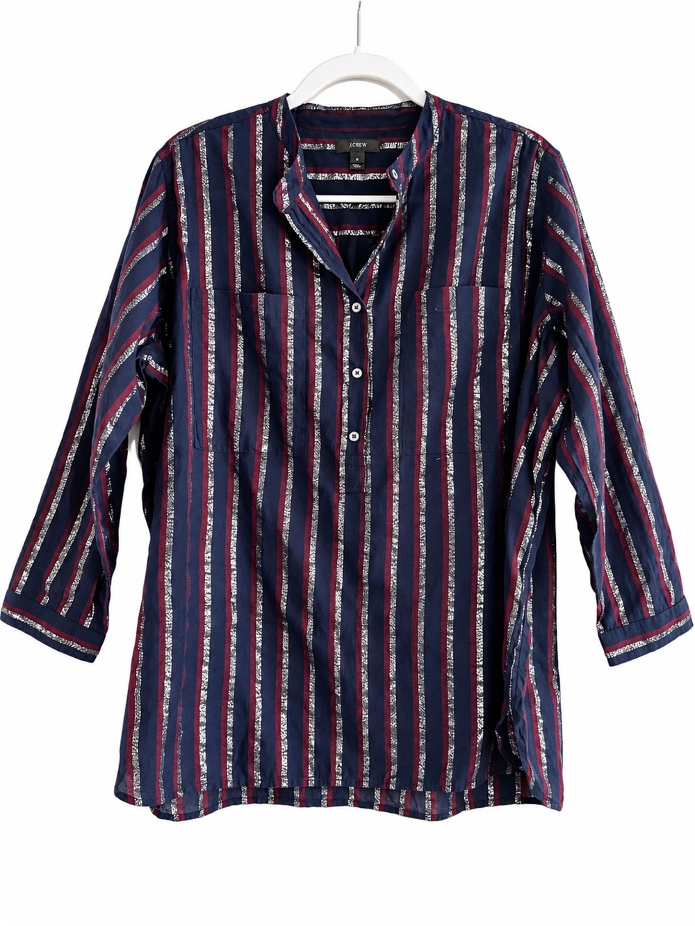 J. Crew Navy, Burgundy and Silver Striped Boyfriend Shirt